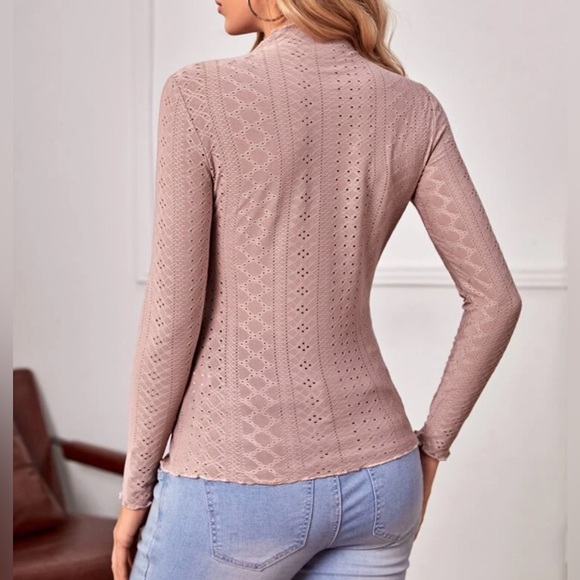 Maternity Medium Mock Neck Lettuce Trim Pointelle Knit Shirt Long Sleeve Shirts - Picture 3 of 9